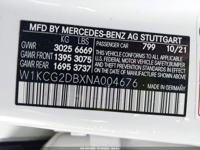 Продаж на аукціоні авто 2022 Mercedes-benz Eqs 450+, vin: W1KCG2DBXNA004676, номер лоту: 45602956