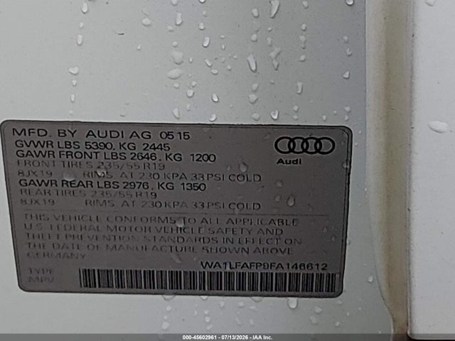 Aukcja sprzedaży 2015 Audi Q5 2.0t Premium, vin: WA1LFAFP9FA146612, numer aukcji: 45602961