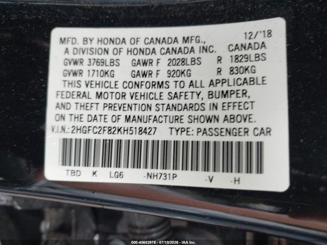 Honda Civic Sport 2019 2HGFC2F82KH518427 Image 9