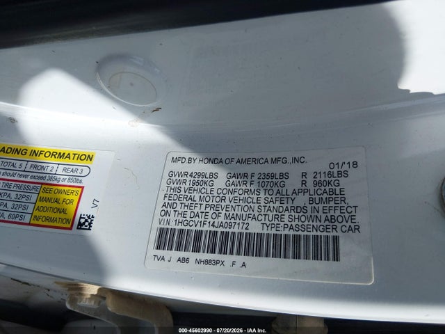 2018 Honda Accord Lx მანქანა იყიდება აუქციონზე, vin: 1HGCV1F14JA097172, აუქციონის ნომერი: 45602990