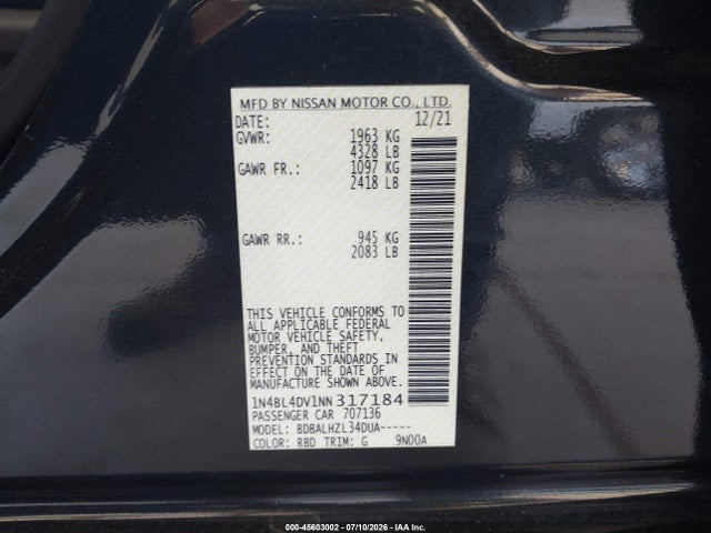 1N4BL4DV1NN317184 Nissan Altima Sv Fwd