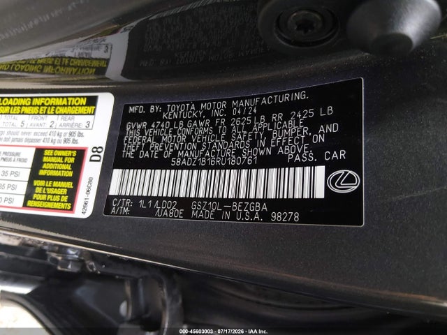 Продаж на аукціоні авто 2024 Lexus Es 350, vin: 58ADZ1B16RU180761, номер лоту: 45603003