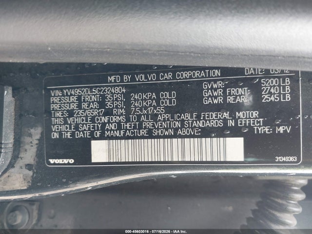 45603016 :رقم المزاد ، YV4952DL5C2324804 vin ، 2012 Volvo Xc60 3.2/3.2 Platinum/3.2 Premier/3.2l Premier Plus مزاد بيع