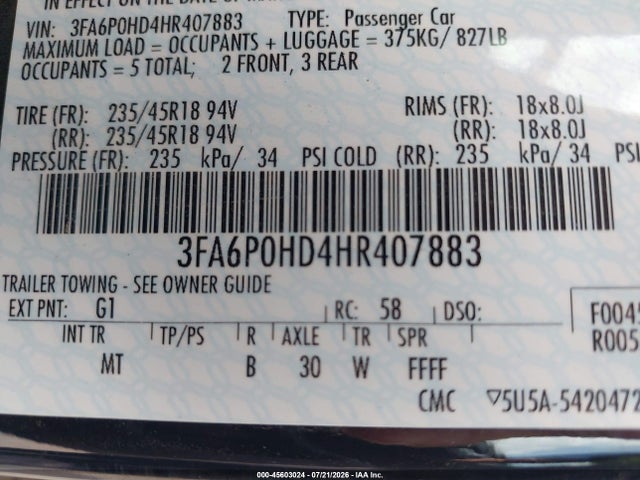 45603024 :رقم المزاد ، 3FA6P0HD4HR407883 vin ، 2017 Ford Fusion Se مزاد بيع