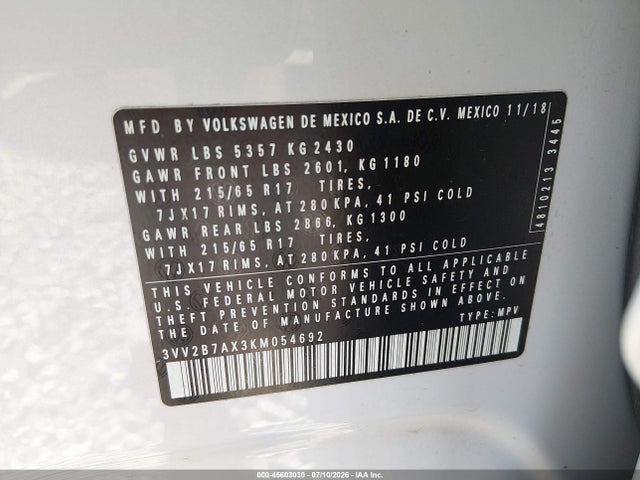 Aukcja sprzedaży 2019 Volkswagen Tiguan 2.0t Se/2.0t Sel/2.0t Sel R-line/2.0t Sel R-line Black, vin: 3VV2B7AX3KM054692, numer aukcji: 45603030