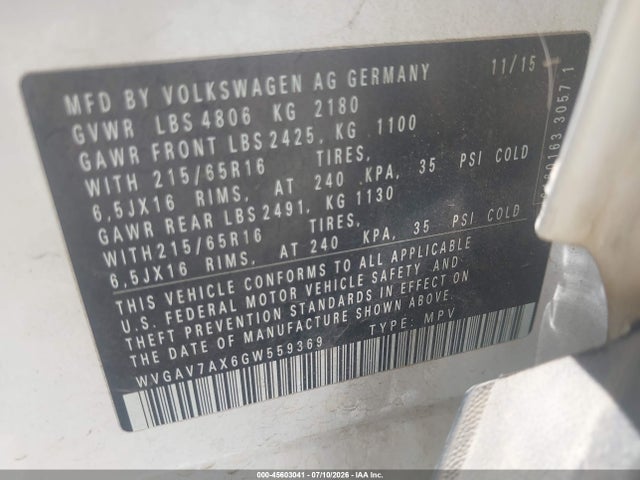 2016 Volkswagen Tiguan S მანქანა იყიდება აუქციონზე, vin: WVGAV7AX6GW559369, აუქციონის ნომერი: 45603041