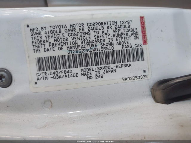 Продаж на аукціоні авто 1998 Toyota Camry Le, vin: JT2BG22K0W0156510, номер лоту: 45603045