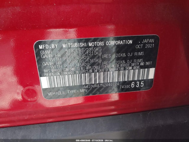 Продажа на аукционе авто 2022 Mitsubishi Outlander Black Edition 2wd/se 2.5 2wd/se Launch Edition 2wd, vin: JA4J3UA87NZ040774, номер лота: 45603049