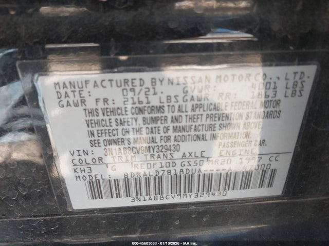 Aukcja sprzedaży 2021 Nissan Sentra Sv Xtronic Cvt, vin: 3N1AB8CV9MY329430, numer aukcji: 45603053