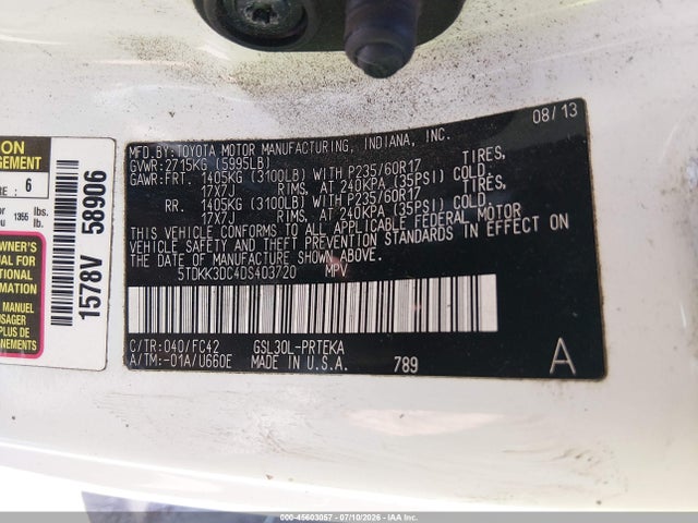 45603057 :رقم المزاد ، 5TDKK3DC4DS403720 vin ، 2013 Toyota Sienna Le V6 8 Passenger مزاد بيع