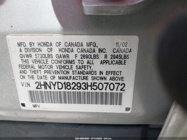 Aukcja sprzedaży 2003 Acura Mdx, vin: 2HNYD18293H507072, numer aukcji: 45603060