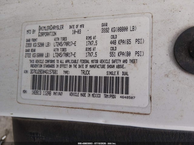Aukcja sprzedaży 2004 Dodge Ram 2500 St, vin: 3D7KU28D04G157681, numer aukcji: 45603083