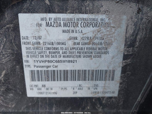 45603084 :رقم المزاد ، 1YVHP80C685M18921 vin ، 2008 Mazda Mazda6 I Sport Ve مزاد بيع