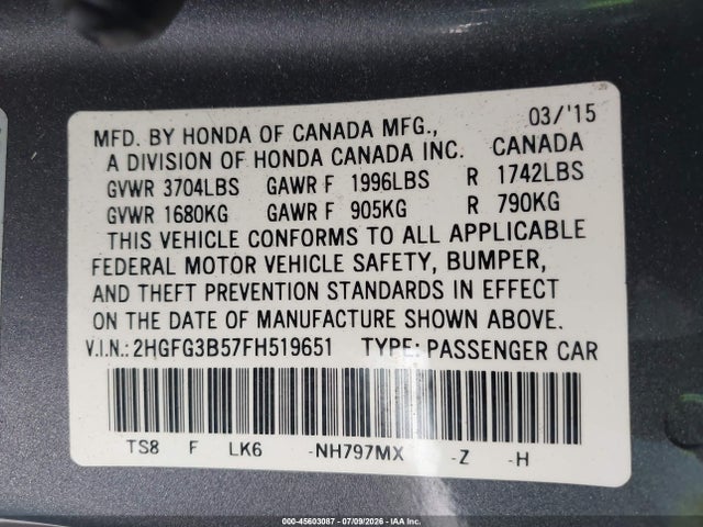Honda Civic Lx 2015 2HGFG3B57FH519651 Image 9