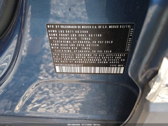 Продаж на аукціоні авто 2019 Volkswagen Tiguan 2.0t Se/2.0t Sel/2.0t Sel R-line/2.0t Sel R-line Black, vin: 3VV2B7AX4KM092917, номер лоту: 45603088