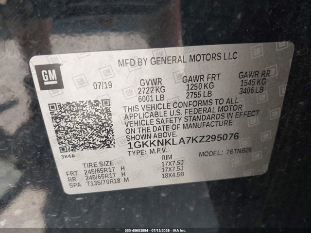 Aukcja sprzedaży 2019 Gmc Acadia Sle-1, vin: 1GKKNKLA7KZ295076, numer aukcji: 45603094