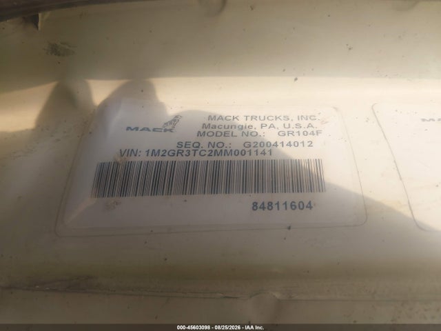 Продажа на аукционе авто 2021 Mack Granite, vin: 1M2GR3TC2MM001141, номер лота: 45603098