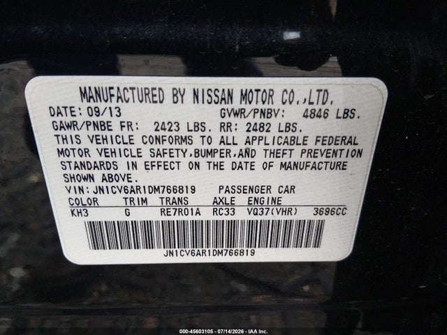 45603105 :رقم المزاد ، JN1CV6AR1DM766819 vin ، 2013 Infiniti G37x مزاد بيع