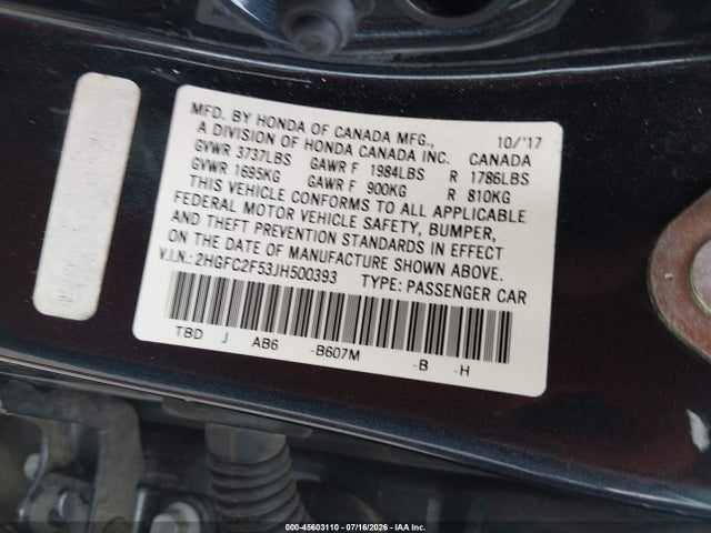 Aukcja sprzedaży 2018 Honda Civic Lx, vin: 2HGFC2F53JH500393, numer aukcji: 45603110