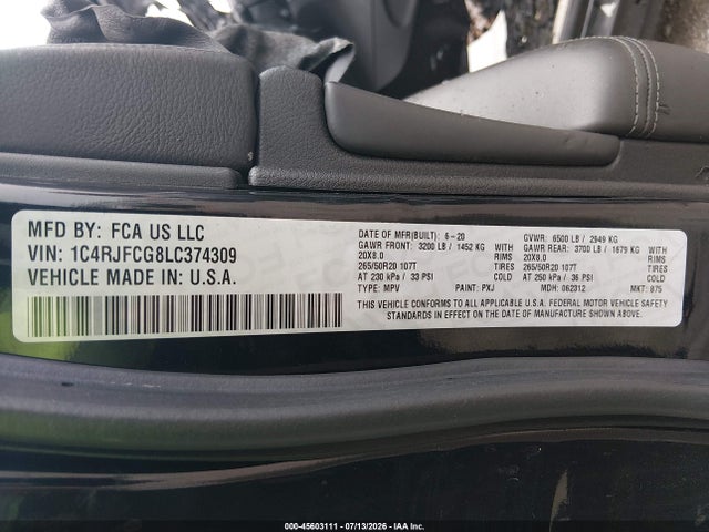 Продаж на аукціоні авто 2020 Jeep Grand Cherokee Overland 4x4, vin: 1C4RJFCG8LC374309, номер лоту: 45603111