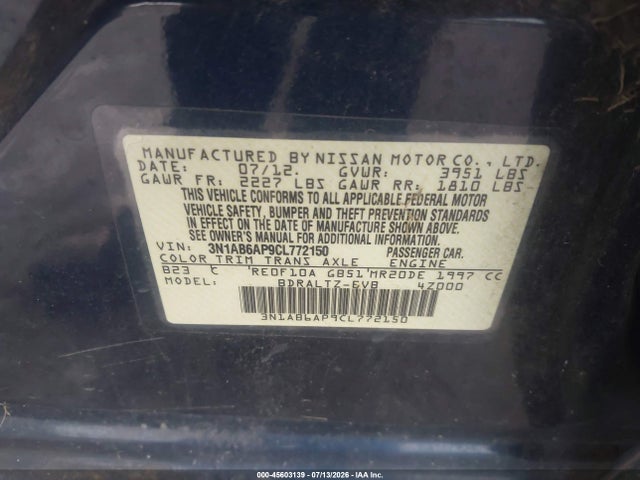 Продаж на аукціоні авто 2012 Nissan Sentra 2.0 S, vin: 3N1AB6AP9CL772150, номер лоту: 45603139