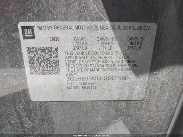 45603146 :رقم المزاد ، 3G1BE6SM5KS542700 vin ، 2019 Chevrolet Cruze Lt مزاد بيع