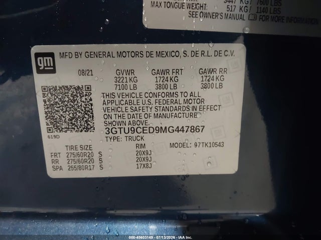Aukcja sprzedaży 2021 Gmc Sierra 1500 4wd  Short Box Elevation, vin: 3GTU9CED9MG447867, numer aukcji: 45603149