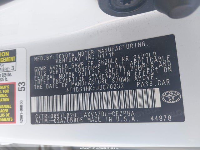 4T1B61HK5JU070232 Toyota CAMRY XSE