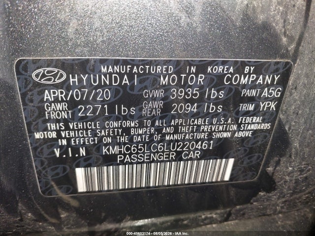 Продаж на аукціоні авто 2020 Hyundai Ioniq Hybrid Blue, vin: KMHC65LC6LU220461, номер лоту: 45603174
