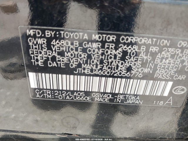 Продаж на аукціоні авто 2007 Lexus Es 350, vin: JTHBJ46G072056776, номер лоту: 45603193