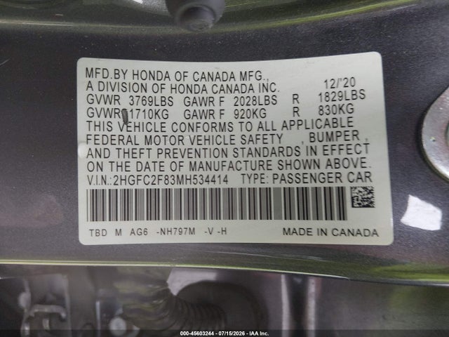Продажа на аукционе авто 2021 Honda Civic Sport, vin: 2HGFC2F83MH534414, номер лота: 45603244