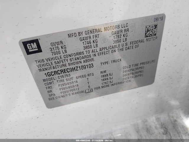 1GCRCREC9HZ109103 Chevrolet Silverado 1500 1lt