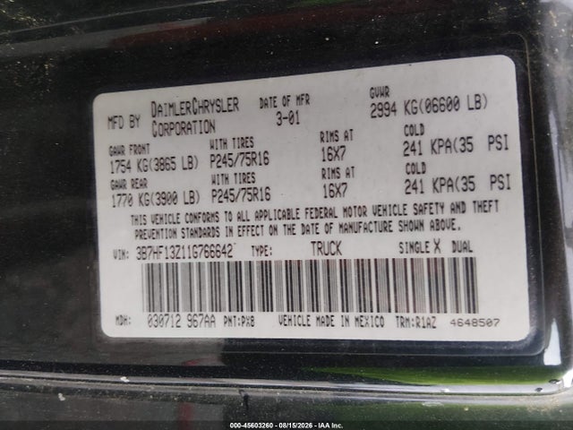 2001 Dodge Ram 1500 St მანქანა იყიდება აუქციონზე, vin: 3B7HF13Z11G766642, აუქციონის ნომერი: 45603260