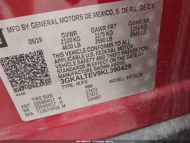 45603275 :رقم المزاد ، 3GKALTEV9KL390429 vin ، 2019 Gmc Terrain Sle مزاد بيع