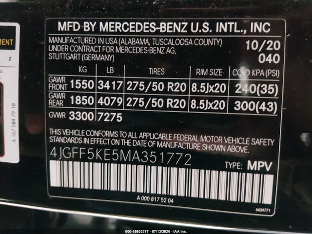 4JGFF5KE5MA351772 Mercedes-Benz Gls 450 4matic