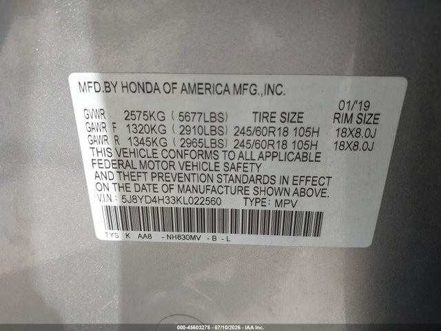 45603278 :رقم المزاد ، 5J8YD4H33KL022560 vin ، 2019 Acura Mdx Standard مزاد بيع