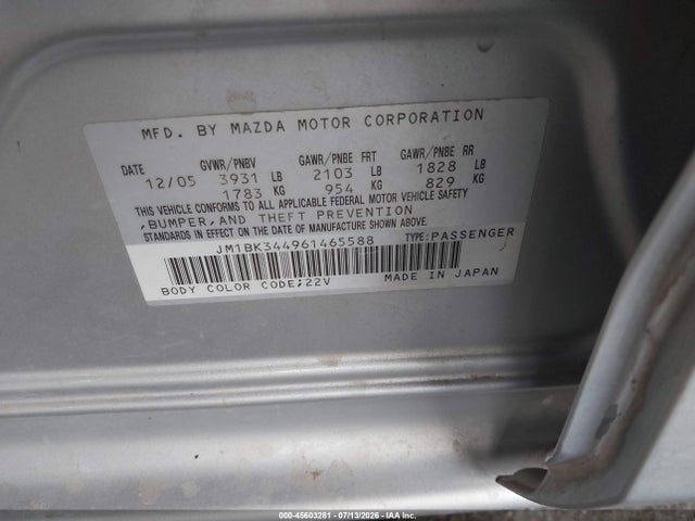 Aukcja sprzedaży 2006 Mazda Mazda3 S Touring, vin: JM1BK344961465588, numer aukcji: 45603281