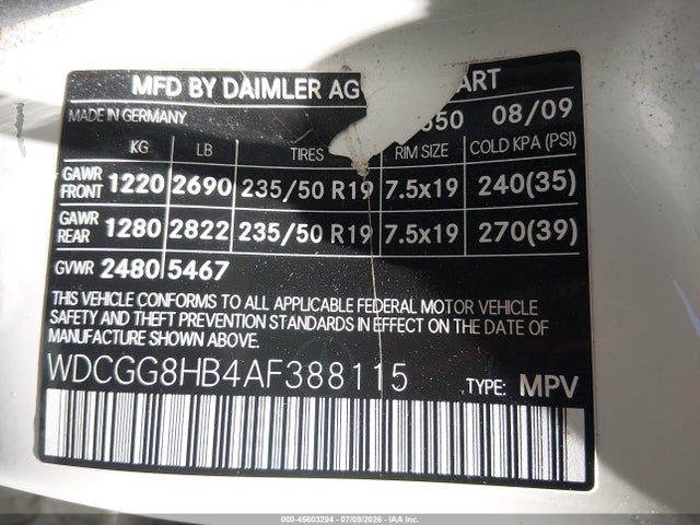 45603294 :رقم المزاد ، WDCGG8HB4AF388115 vin ، 2010 Mercedes-benz Glk 350 4matic مزاد بيع