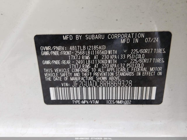 45603302 :رقم المزاد ، JF2GUADC8RH869328 vin ، 2024 Subaru Crosstrek Premium مزاد بيع