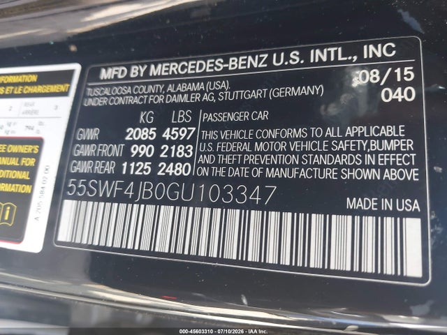 Auction sale of the 2016 Mercedes-benz C 300, vin: 55SWF4JB0GU103347, lot number: 45603310