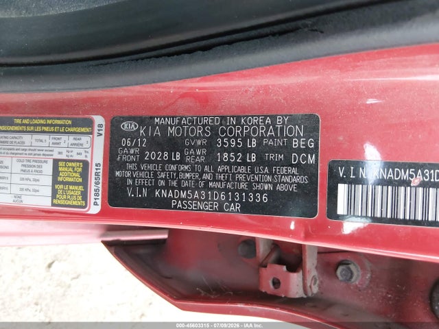 Aukcja sprzedaży 2013 Kia Rio Lx, vin: KNADM5A31D6131336, numer aukcji: 45603315