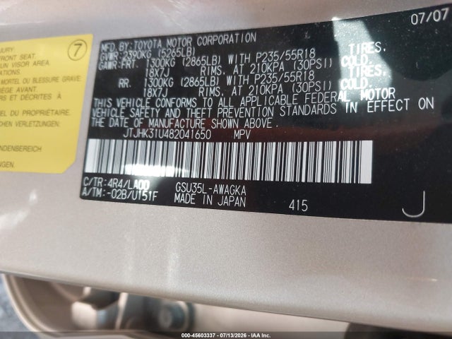 Aukcja sprzedaży 2008 Lexus Rx 350, vin: JTJHK31U482041650, numer aukcji: 45603337