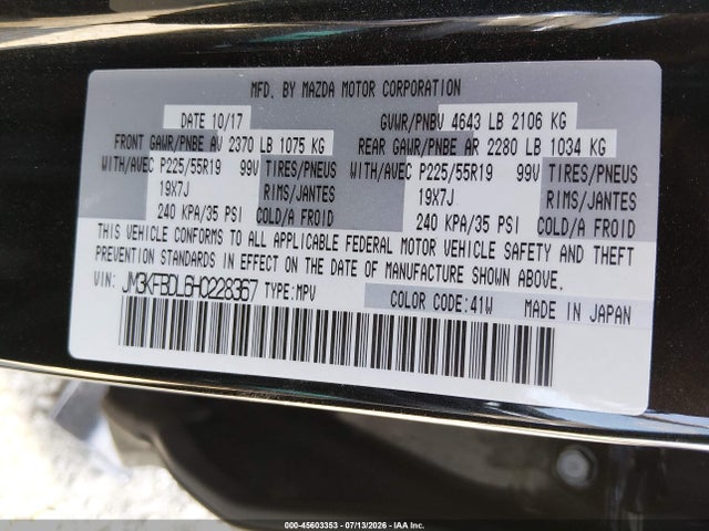 45603353 :رقم المزاد ، JM3KFBDL6H0228367 vin ، 2017 Mazda Cx-5 Grand Select مزاد بيع