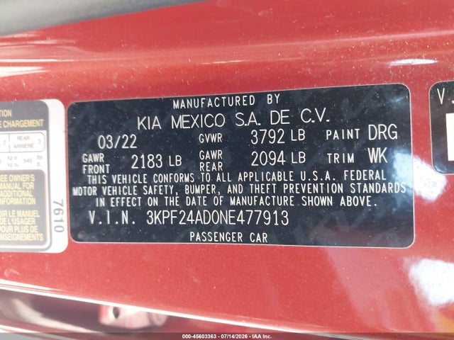 Aukcja sprzedaży 2022 Kia Forte Lxs, vin: 3KPF24AD0NE477913, numer aukcji: 45603363