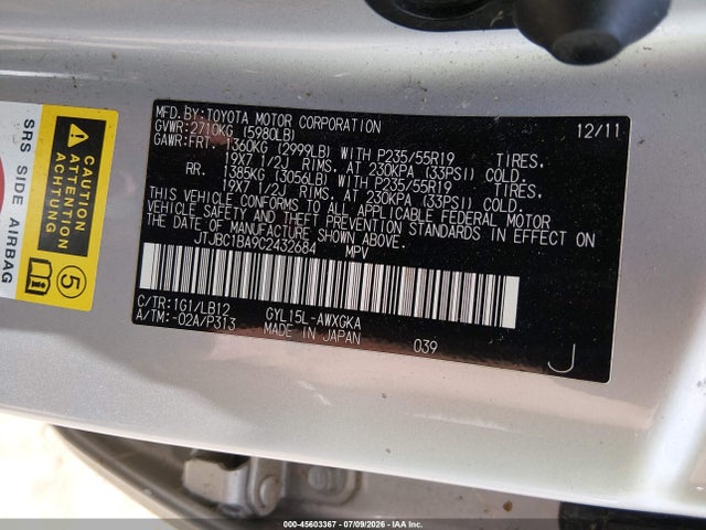 45603367 :رقم المزاد ، JTJBC1BA9C2432684 vin ، 2012 Lexus Rx 450h مزاد بيع
