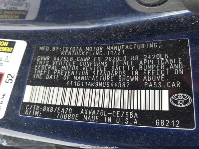 2022 Toyota Camry Se მანქანა იყიდება აუქციონზე, vin: 4T1G11AK9NU644982, აუქციონის ნომერი: 45603372