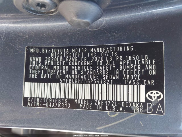 5YFBURHE5GP544821 Toyota Corolla Le Plus