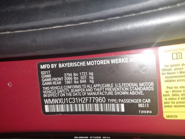 Продажа на аукционе авто 2017 Mini Hardtop Cooper, vin: WMWXU1C31H2F77960, номер лота: 45603400
