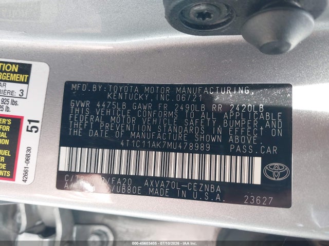 4T1C11AK7MU478989 Toyota CAMRY LE
