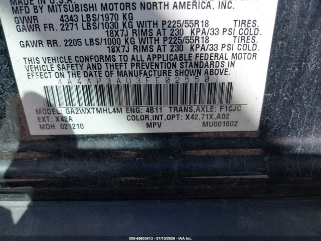 2015 Mitsubishi Outlander Sport Es მანქანა იყიდება აუქციონზე, vin: 4A4AP3AU3FE025501, აუქციონის ნომერი: 45603413